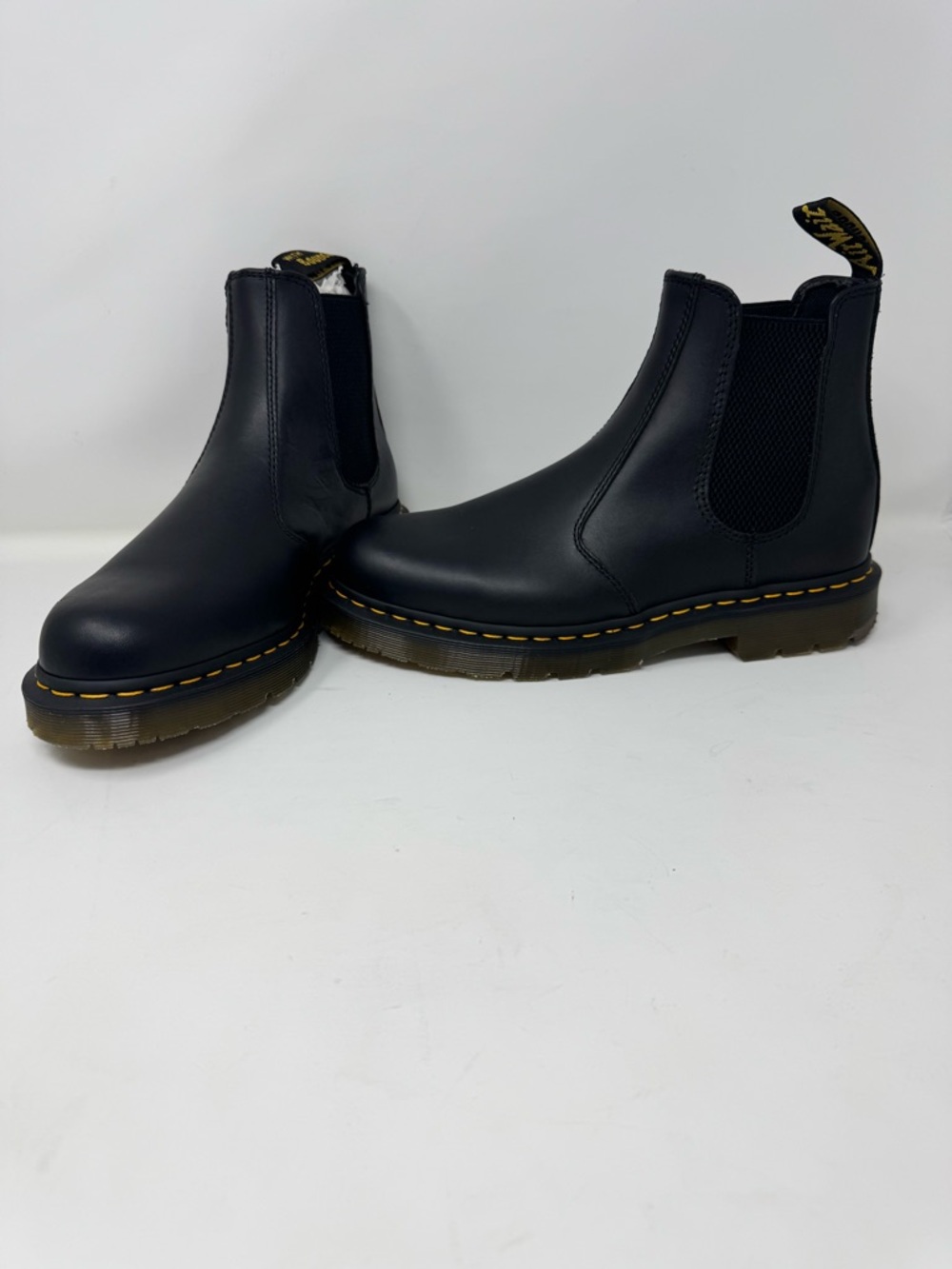 Dr. Martens Black Leather Chelsea Boot with Yellow Heel Loop men’s size 10, New